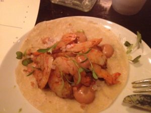Shrimp Tacos with Smoked Potatoes, Brown Butter Crema and Pickled Pasilla Oaxaquena.